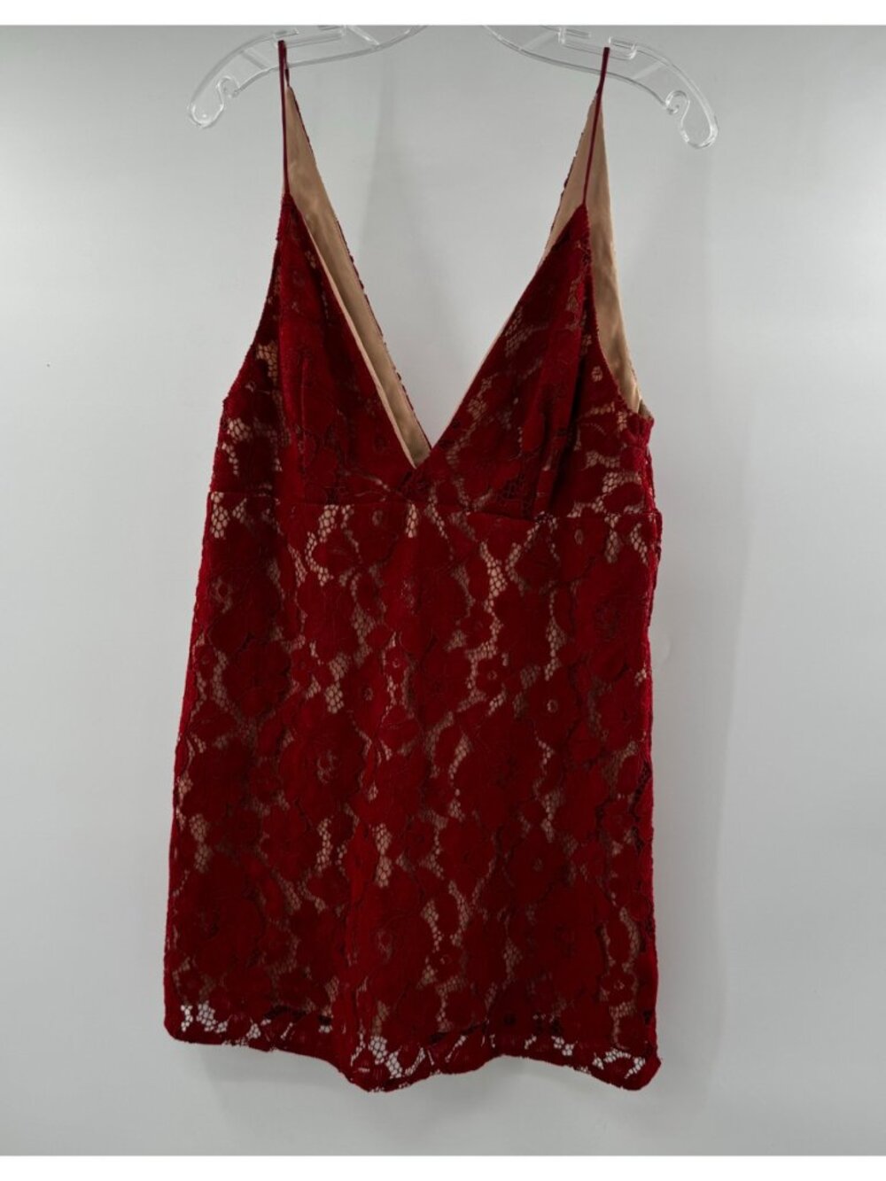 Free People Dangerous Love  Red Lace Sleeveless V-Neck Plunge Mini Dress Size 8